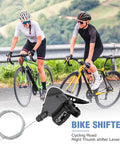 Pair 3x8 9 10 Speed Bike Shifters Left And Right Thumb Gear Shifters with cyclists on road; image shows ergonomic lever design