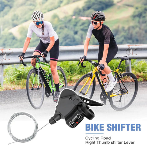 Pair 3x8 9 10 Speed Bike Shifters Left And Right Thumb Gear Shifters with cyclists on road; image shows ergonomic lever design