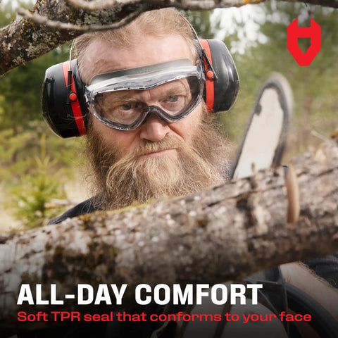 Person wearing Anti Fog Safety Goggles With Premium Anti Scratch Coating And Lenses UV Shield Vented Panoramic Eye Protection ANSI Z87