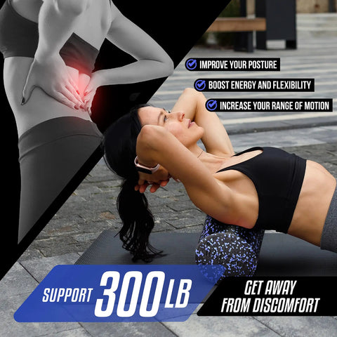 Woman using 18 inch blue speckled EPP foam roller for back pain relief and deep tissue recovery in yoga with focus on flexibility boost