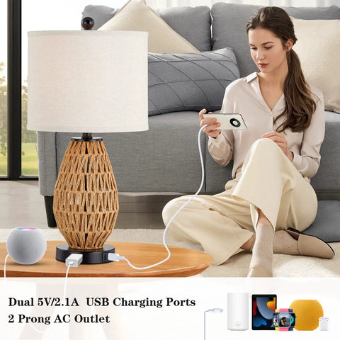 Woman using Rattan Touch Control Table Lamps Set of 2 with 3 Way Dimming for Bedroom Bedside Use Includes 2 USB Ports and AC Outlet