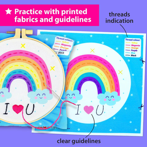 Beginner Embroidery Kit For Kids And Adults Noob Friendly Starter Set with rainbow pattern and colorful threads for DIY sewing