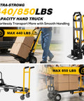 Heavy Duty 4 In 1 Convertible Hand Truck Dolly Cart With Wheels, Non Slip Handle For Moving Gear, Shopping Runs, Office Duties, And Warehouse Shifts, Flattens Out Fast, Cruises Smooth On Any Floor, Takes 850 Lbs No Sweat, transporting boxes.