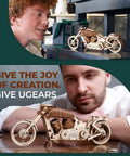Wooden Motorcycle Kit VM02 3D Puzzle Mechanical Bike Model With Rubber Band Engine DIY Plywood Build, man viewing wooden motorcycle