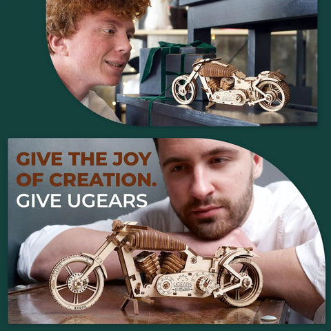Wooden Motorcycle Kit VM02 3D Puzzle Mechanical Bike Model With Rubber Band Engine DIY Plywood Build, man viewing wooden motorcycle