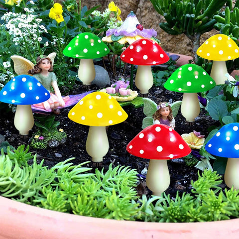 8 Pack Solar Mushroom Lights For Garden Decor With 8 Modes Waterproof Outdoor Mushroom Lamps in vibrant flowerbed with fairy figures
