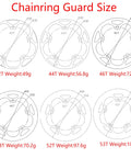 Size chart for Rugged Aluminum Chainring Guard For 130mm BCD Sprockets 42T to 53T with weights shown for MTB and other bikes.