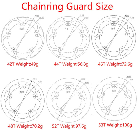 Size chart for Rugged Aluminum Chainring Guard For 130mm BCD Sprockets 42T to 53T with weights shown for MTB and other bikes.