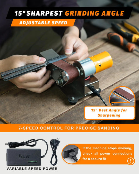 Front view of mini belt sander for knife making, orange motor housing, belt grinder on metal base with 7-speed control.