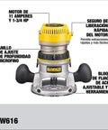 Front view of Fixed Base Router With 1-3/4 HP 11 Amp Motor, Micro Fine Depth Ring, Tool Free Cam Lock, labeled features in Spanish