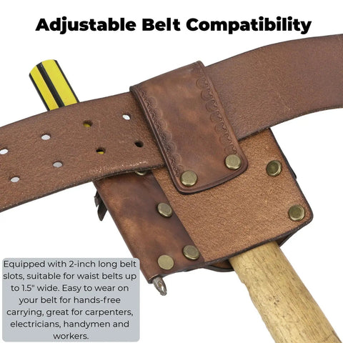 Close-up of leather tool holster with hammer loop showing adjustable belt compatibility and pencil pouch for construction tools.