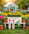 Six Piece Mini Seed Spreader Set For Tiny Seeds, Handheld Seed Dispenser, Dibber And Widger Tools in garden setting