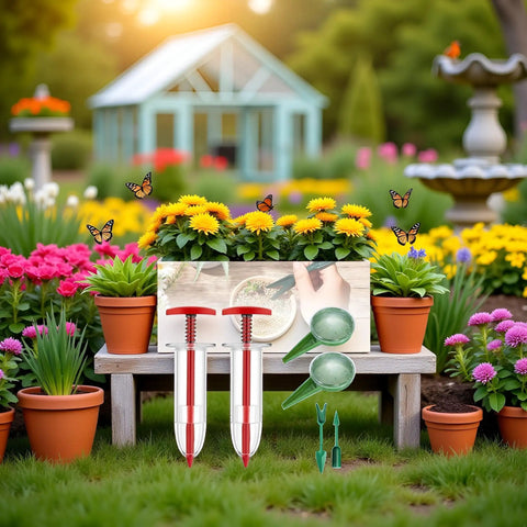 Six Piece Mini Seed Spreader Set For Tiny Seeds, Handheld Seed Dispenser, Dibber And Widger Tools in garden setting
