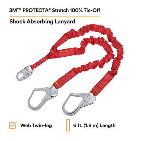 Red stretch shock absorbing lanyard for work sites 6 ft double leg elastic safety lanyard with center self locking snap hook.
