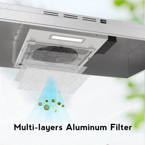 FIREGAS 30-inch under-cabinet stainless steel range hood with aluminum mesh filter and rocker controls.