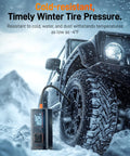 Beefy Heavy Duty Tire Inflator Portable Air Compressor with 45 LPM Dual Cylinder, inflating a car tire in snowy conditions.