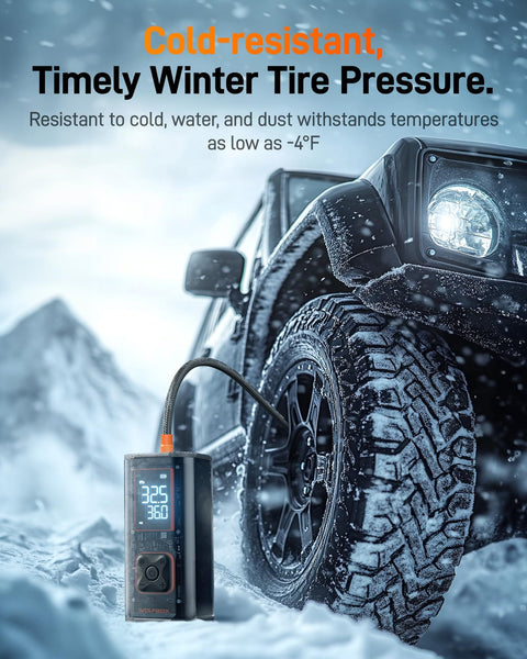 Beefy Heavy Duty Tire Inflator Portable Air Compressor with 45 LPM Dual Cylinder, inflating a car tire in snowy conditions.