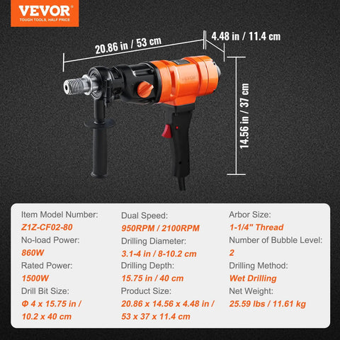 Handheld Wet Diamond Core Drill for Concrete and Masonry, 4 Inch Core Drill Rig With 1100 2400 RPM Two Speed, 1 1/4 Inch Thread