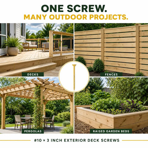Five Hundred Count Exterior Deck Screws Size 10 By 3 Inch Yellow Ceramic Coated Fasteners in outdoor projects like decks, fences, and pergolas.