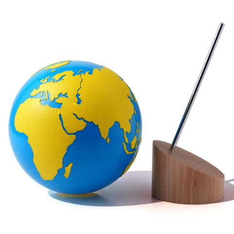 Sandpaper Globe For Sensory Geography Learning Land And Water Tactile Globe In Solid Beechwood on stand, for toddlers and classrooms