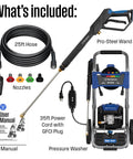 Power Through Mess With This 3400 Max PSI Electric Pressure Washer With 2 GPM Brushless Motor Onboard Soap Tank Spray Gun And Wand 5 Nozzle Set For Cars Fences Driveways Homes Patios And Furniture, showing all components