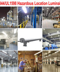 Collage of industrial settings with LED Explosion Proof Light 4ft 100W 14000 Lumens Hazardous Location Fixture shown in detail