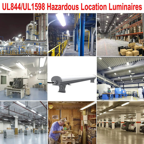 Collage of industrial settings with LED Explosion Proof Light 4ft 100W 14000 Lumens Hazardous Location Fixture shown in detail