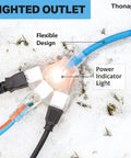 Beefy All Weather 50 Ft Extension Cord With 3 Outlets, Heavy Duty Outdoor Cable, Built In Light on snow-covered ground