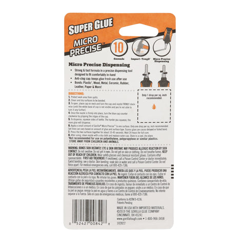 Back packaging of Micro Precise Gel Glue With Quick Set Cyanoacrylate Adhesive, anti clog cap, clear finish, precise tool, 5.5g, pack of 2.