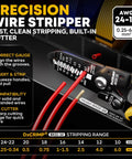 Precision wire stripper for AWG 24 to 10, displayed with red wires, highlighting stripping instructions and cutting guide.
