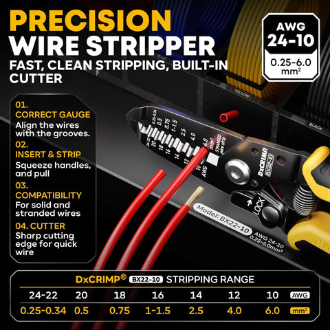 Precision wire stripper for AWG 24 to 10, displayed with red wires, highlighting stripping instructions and cutting guide.