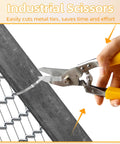 Using industrial scissors to cut stainless steel cable tie on fence, part of Heavy Duty Metal Zip Tie Kit With Gun, Pro Grade, 300 Pack.