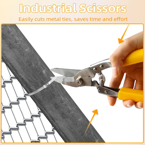 Using industrial scissors to cut stainless steel cable tie on fence, part of Heavy Duty Metal Zip Tie Kit With Gun, Pro Grade, 300 Pack.