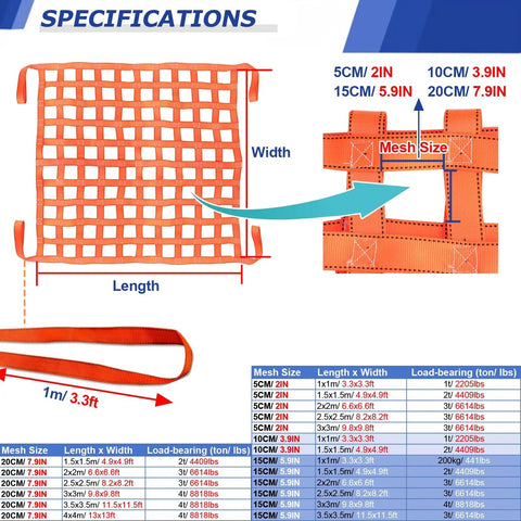 Heavy Duty Hoisting Net Built Tough For Seamless Cargo Hauling Rock Solid Lifting Straps specifications and dimensions chart.