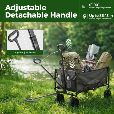 Collapsible Wagon Cart with Lockable Brakes, Heavy Duty Foldable Utility Wagon 330 Lb Capacity shown with adjustable handle