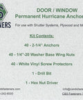 Storm Ready Door And Window Permanent Hurricane Anchoring Kit contents list, includes anchors, screw protectors, drill bit, and driver