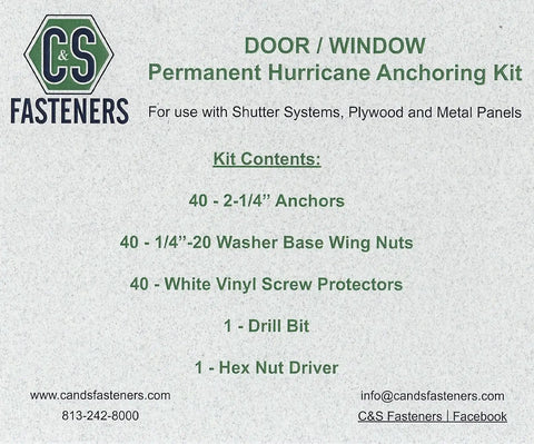 Storm Ready Door And Window Permanent Hurricane Anchoring Kit contents list, includes anchors, screw protectors, drill bit, and driver