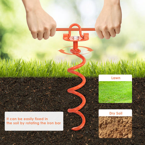 Heavy Duty Screw In Ground Anchors Kit With Metal Spiral Earth Stakes Folding Ring Design shown in lawn and dry soil