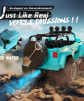 All Terrain 1to16 Scale Remote Control SUV With Fog Mist And Music Dual Battery RC Truck With Trailer Hitch 2 4GHz Off Road Crawler Toy Epic Gift For Boys Today showcasing mist exhaust on rocky terrain.
