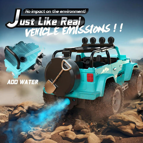 All Terrain 1to16 Scale Remote Control SUV With Fog Mist And Music Dual Battery RC Truck With Trailer Hitch 2 4GHz Off Road Crawler Toy Epic Gift For Boys Today showcasing mist exhaust on rocky terrain.