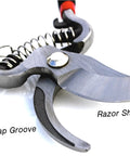 Close-up of Heavy Duty Bypass Pruning Shears For Garden Pros with forged steel blade and sap groove.