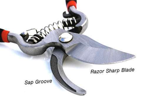 Close-up of Heavy Duty Bypass Pruning Shears For Garden Pros with forged steel blade and sap groove.
