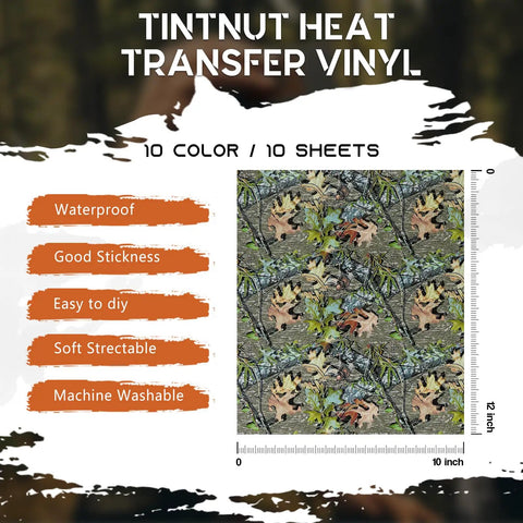 Real Tree Camo Heat Transfer Vinyl Kit With 10 Sheets 10x12 Inch HTV featuring camouflage pattern and product features
