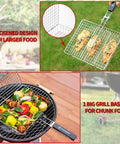 Stainless Steel Grill Basket With Portable Removable Handle For Veggies Shrimp Fish And Steak, Large 21 Inch Cooking Area.