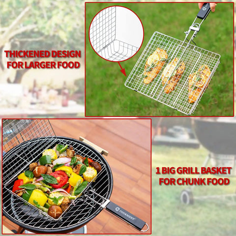 Stainless Steel Grill Basket With Portable Removable Handle For Veggies Shrimp Fish And Steak, Large 21 Inch Cooking Area.