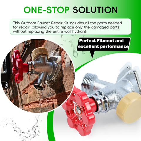 2-Pack Universal Outdoor Faucet Repair Kit With Vacuum Breaker Included For Anti Siphon Frost Free Hose Bib Sillcock Valve Replacement Wall Hydrant Complete Replacement Kit For No Fuss Home Fixes shown in use against brick wall