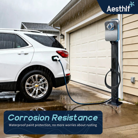 Badass Outdoor EV Charger Pedestal Rock Bottom Anti Wobble Base locks down your ride, shown with a car charging in rain.