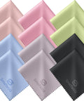 Front view of 12-pack SmoTecQ microfiber lens cleaning cloths, 7×6 in, assorted colors for glasses, screens, cameras.
