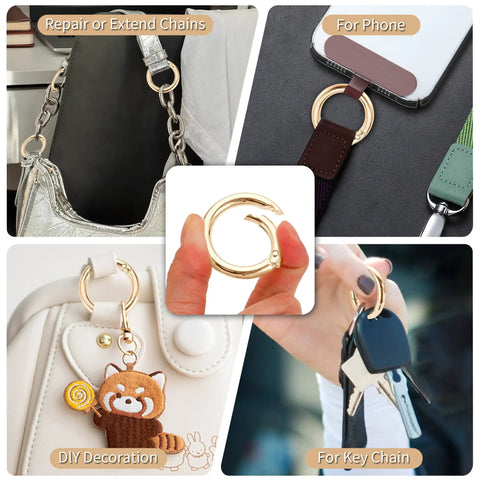 1 Inch Key Ring Clip Set, 8 Pack Round Carabiner Clips For Keys Bags Purses, shown in various uses like key chains, bags, and DIY crafts.