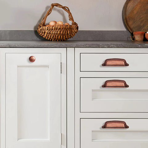 Antique Copper Cabinet Knobs 10 Pack Center Mount 1-1/4 Inch Zinc Vintage Retro Drawer Pulls on white kitchen cabinets